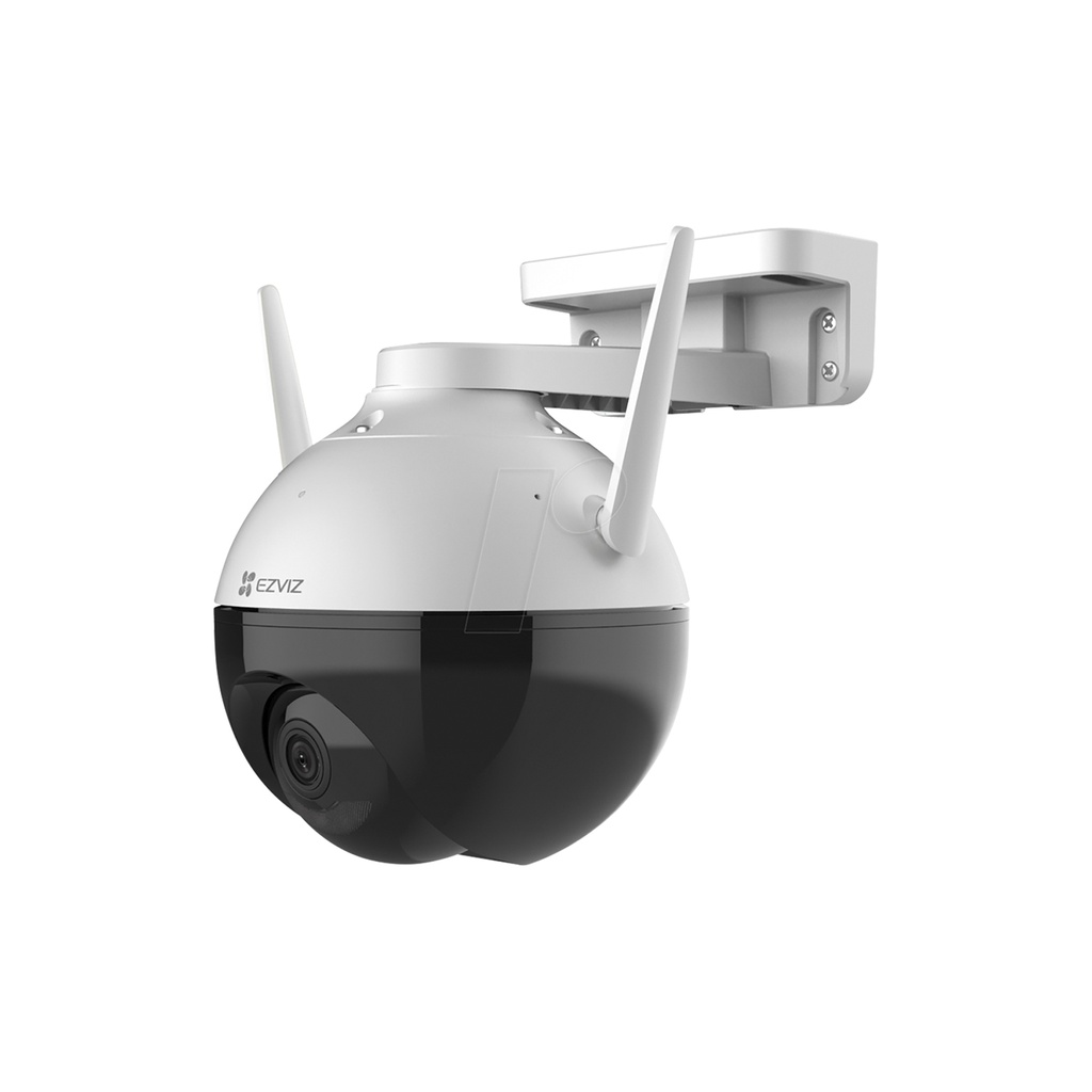 Cámara PT C8C para Exteriores, resolución 2 Mpx, movimiento panoramico de vision 360°, deteccion de personas con tecnologia IA, IP65, vision nocturna a color, H.265, soporta MicroSD hasta 256GB (no incluida), 12V. Marca Ezviz