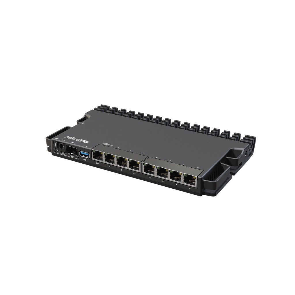 Router Mikrotik RB5009, CPU de 4 núcleos, 1 puerto SFP+, 7 puertos Gigabit Ethernet y 1 puerto de 2.5 Gigabit Ethernet para montaje en escritorio.