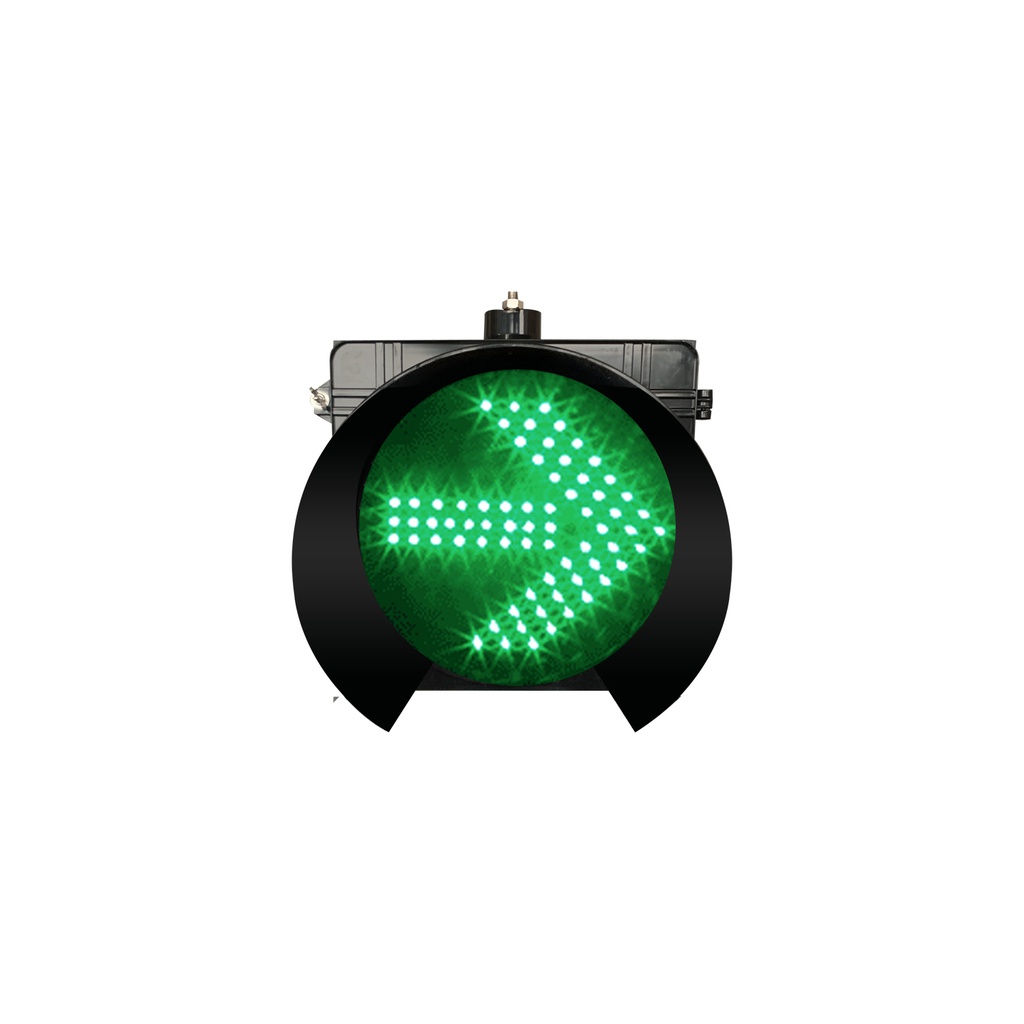 Caja de luz para semaforo, Luz de Flecha Verde de 300 mm, lente transparente, 85-265 VCA, con carcasa de policarbonato y visera para sol tipo túnel, puerta con cerradura tipo mariposa, marca Fama.