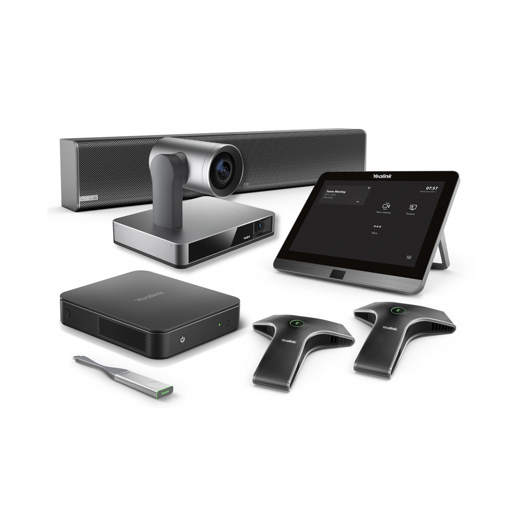Sistema de video conferencia Yealink para salas de conferencia medianas, versión Microsoft Teams nativo, incluye 1 cámara y accesorios de audio y montaje.
