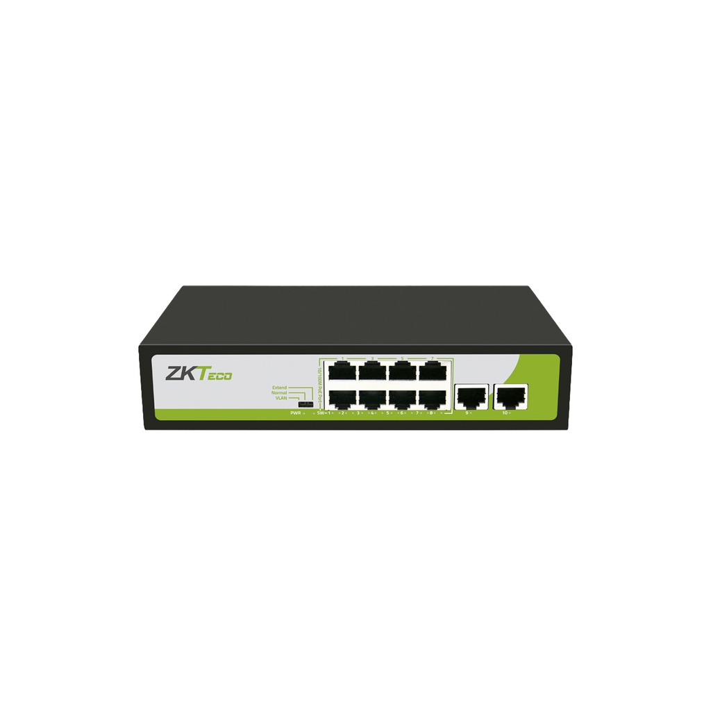 Switch de 8 puertos rj45 10/100 mbps con POE + 2 puerto rj45 100 mbps no administrable compatible con cualquier camara ip onvif soporta hasta 250m de distancia sobre utp cat6, marca ZKTeco