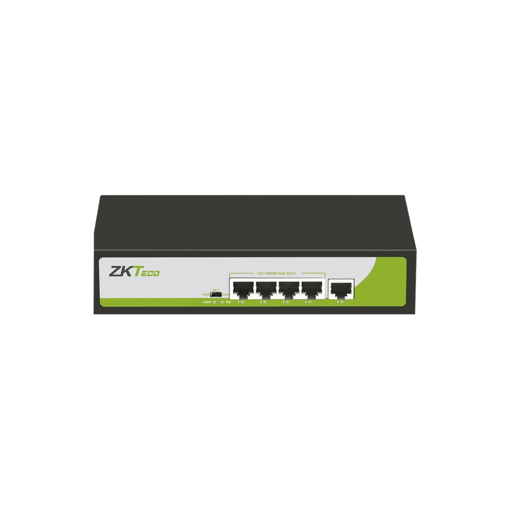 Switch de 4 puertos rj45 10/100 mbps con POE + 2 puerto rj45 100 mbps no administrable compatible con cualquier camara ip onvif soporta hasta 250m de distancia sobre utp cat6, marca ZKTeco