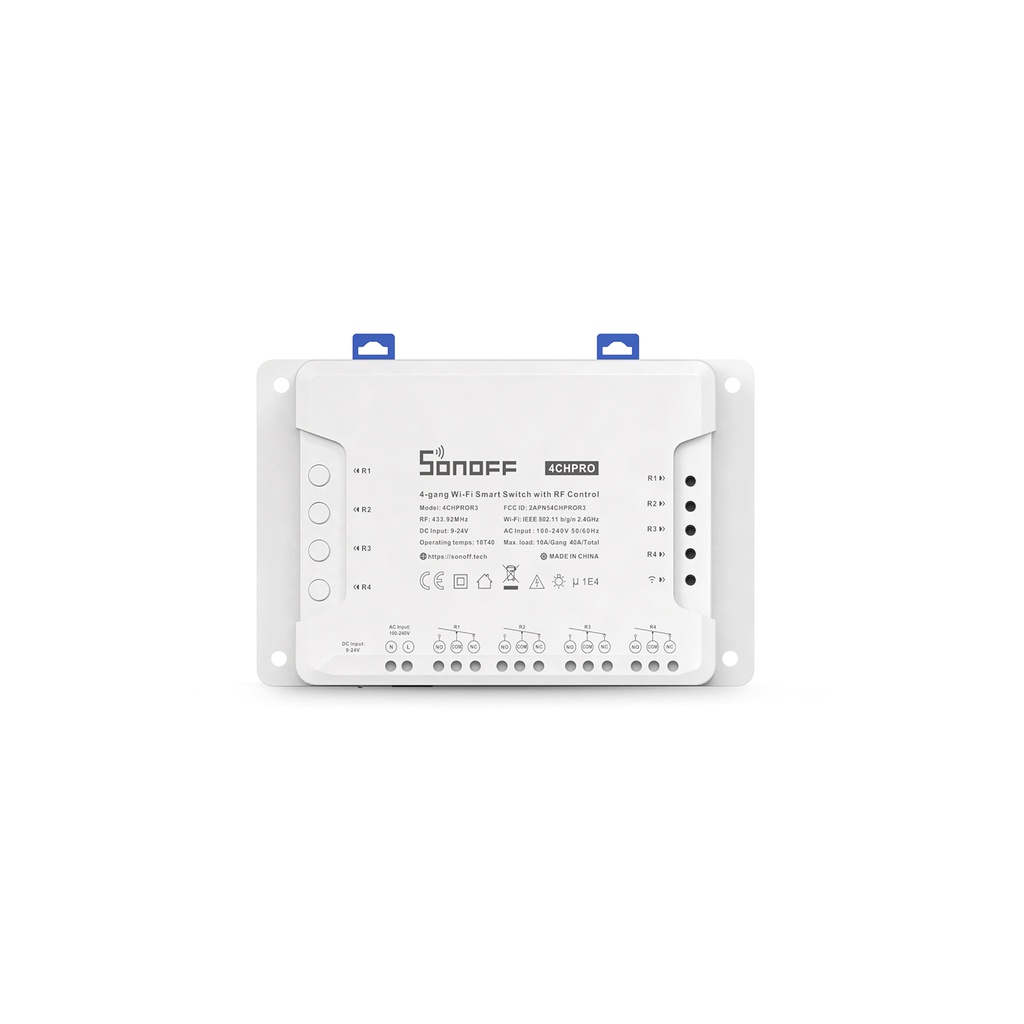 Interruptor inteligente de 4 circuitos 4CHPROR3, entrada 100-240VAC y 9-23 VDC, contactos normalmente cerrados y abiertos, 40A total, Wi-Fi, RF 433MHz, marca Sonoff.