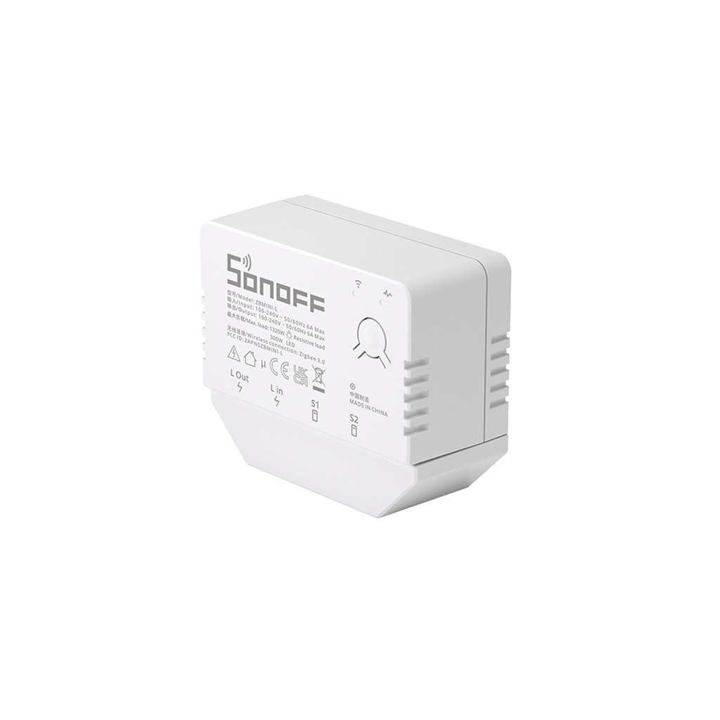 Interruptor inteligente de dos vías ZBMINI-L, 1 gang, no requiere neutro, 100-240VAC, 6A, Zigbee 3.0, marca Sonoff.