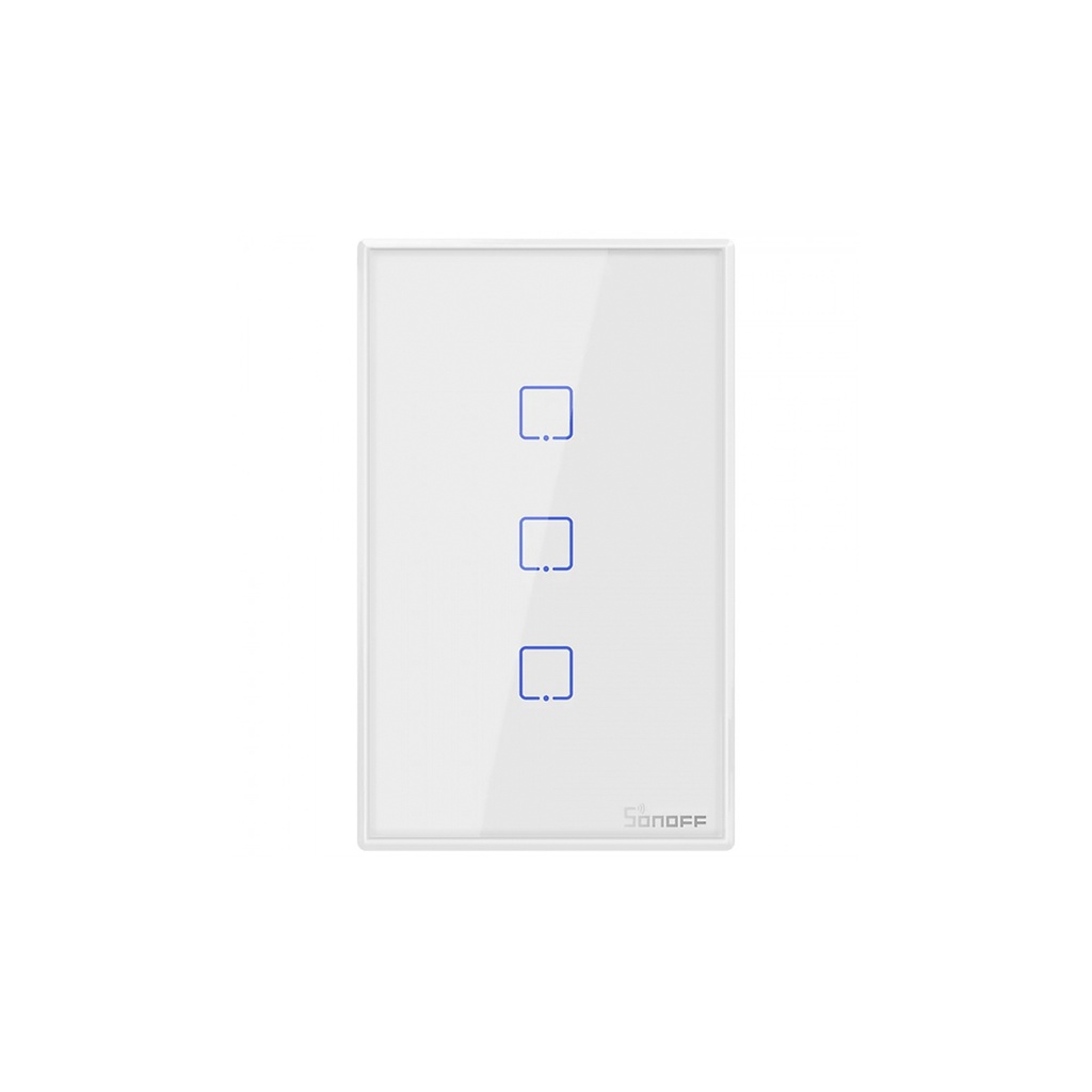 Interruptor de pared inteligente triple T2US3C , botón touch, 100-240VAC, Wi-Fi y RF433MHz, blanco, marca Sonoff.