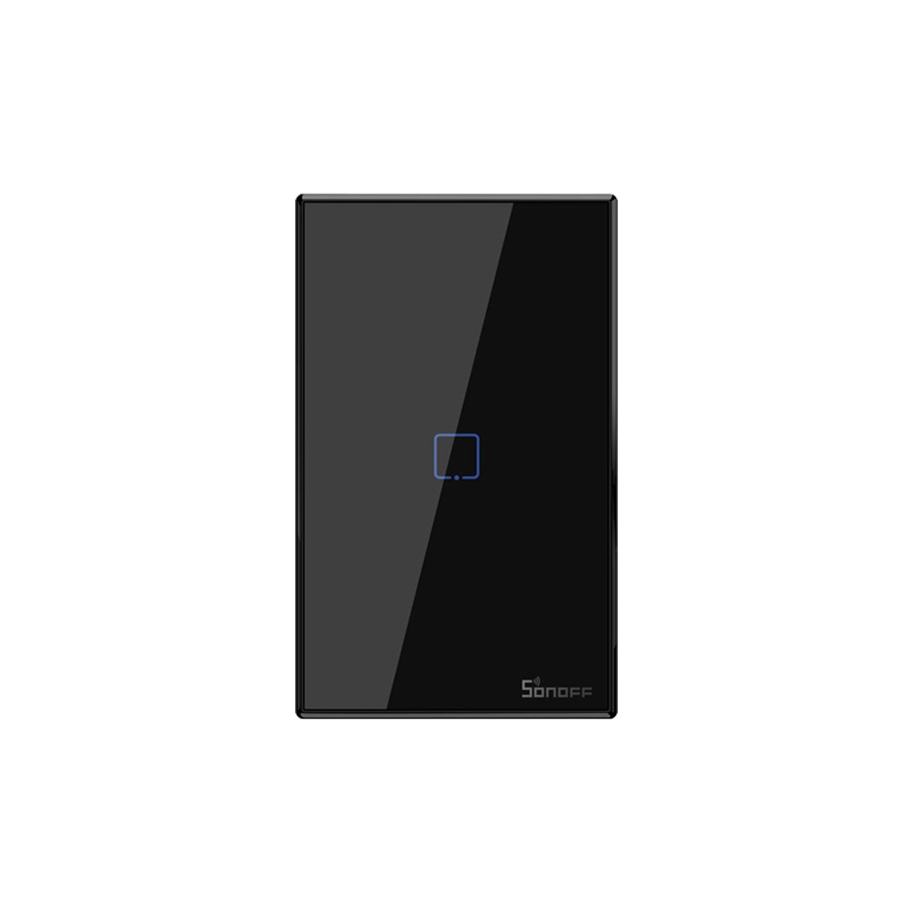 Interruptor de pared inteligente sencillo T3US1C , botón touch, 100-240VAC, Wi-Fi y RF433MHz, negro, marca Sonoff.