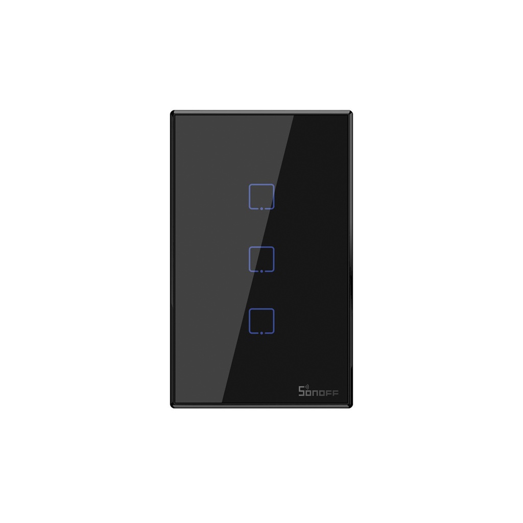 Interruptor de pared inteligente triple T3US3C , botón touch, 100-240VAC, Wi-Fi y RF433MHz, negro, marca Sonoff.