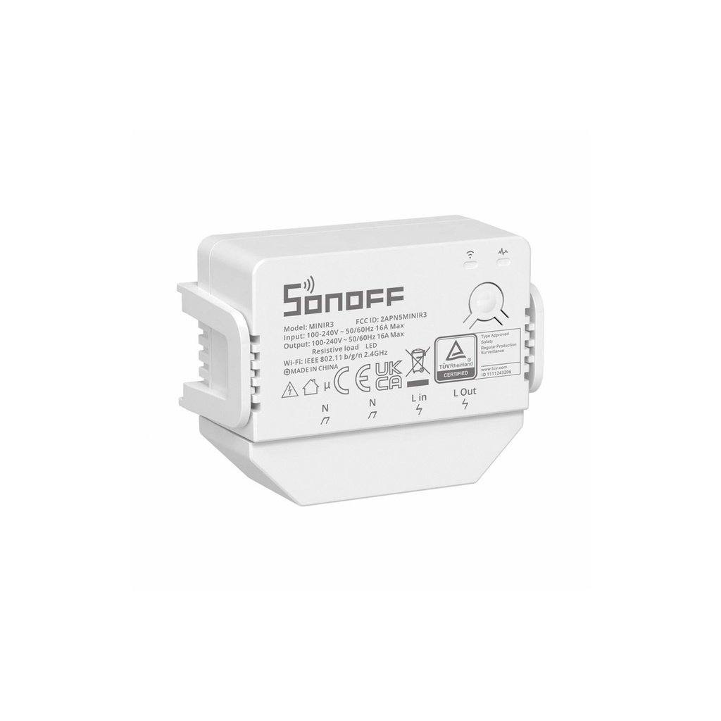 Interruptor inteligente, 1 circuito MINIR3, compatible con S-MATE, 100-240VAC 20A, eWeLink Remote, Wi-Fi, marca Sonoff.