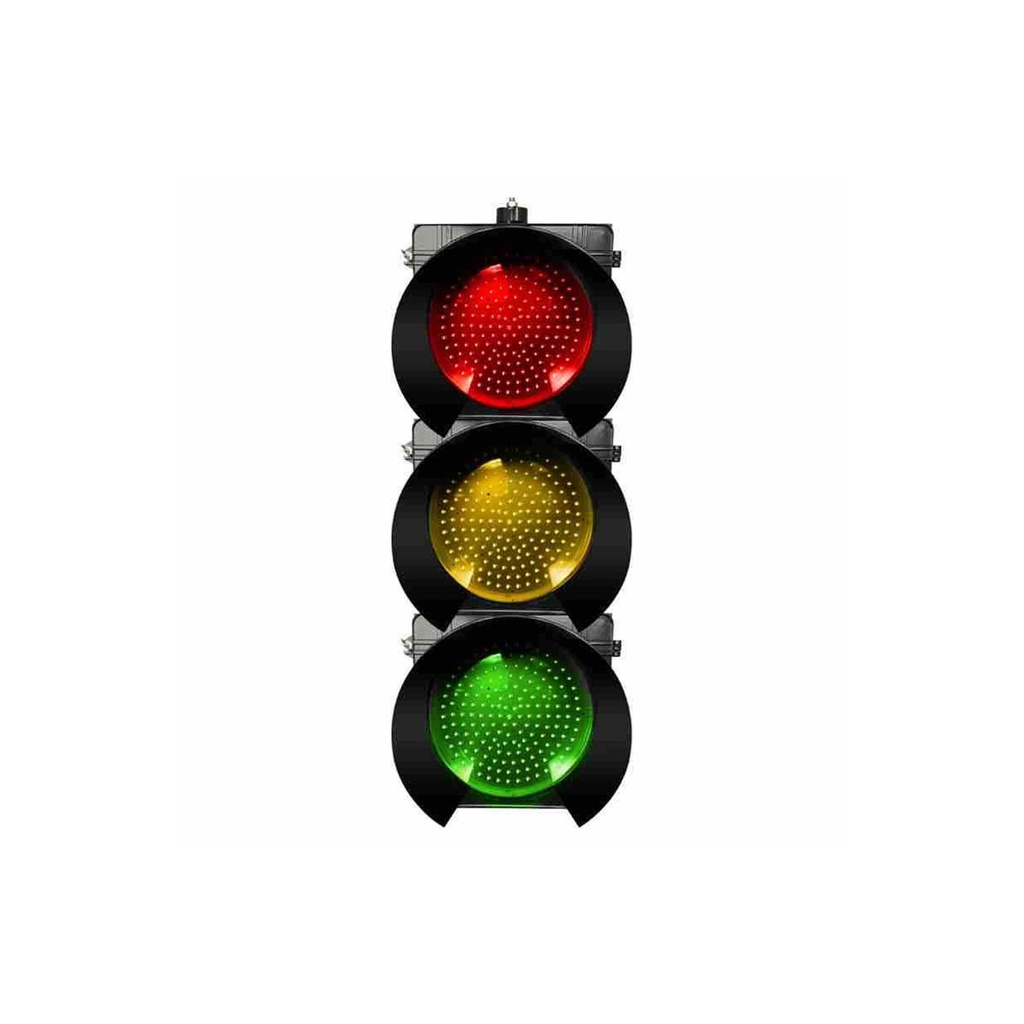 Semáforo led vehicular de 3 colores: rojo, amarillo y verde, cronometro descente incorporado para las luces verde y roja, lentes de 30 cms., carcasa de policarbonato, visera tipo túnel, marca Fama.