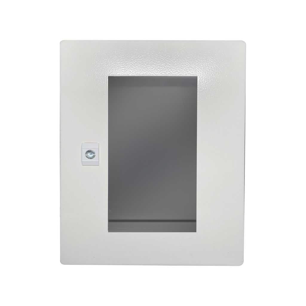Gabinete de acero para montaje en pared, puerta de vidrio con chapa, de 40x30x15cms., IP66, IK10, placa de montaje, color gris, marca Tibox.