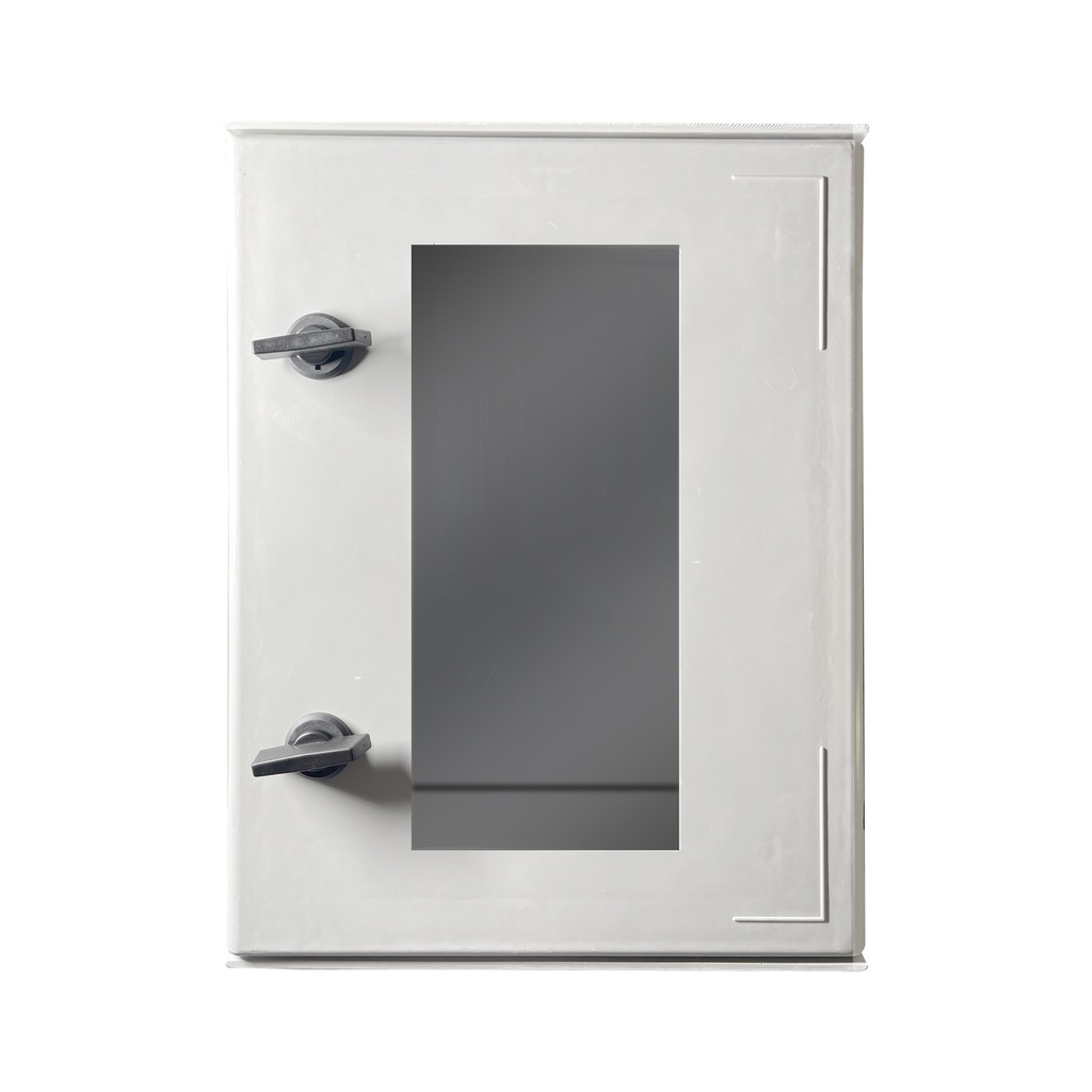 Gabinete de polyester para montaje en pared, puerta de vidrio con chapa, de 40x30x20cms., IP65, anti corrosión y humedad, color gris, marca Tibox.