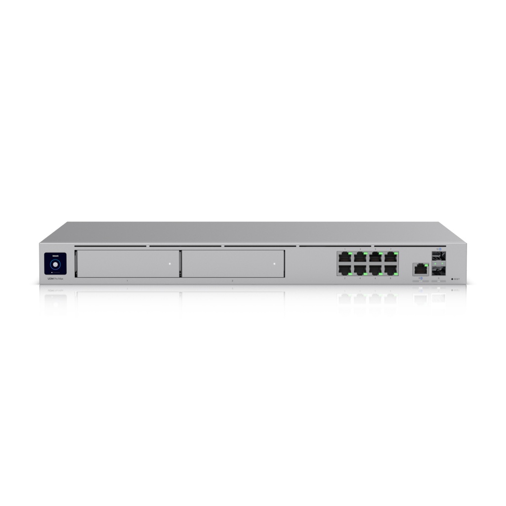 Consola Unifi Dream Machine Pro, todo en uno, incluye: router con funciones de balanceo y failover, 2 puertos WAN(10G SFP+ 2.5G RJ45), firewall Enterprise, switch con 9 puertos LAN (1 SFP+ 10G, 8 RJ45 1G), NVR con 2 bahía para HD, integra todas las aplicaciones Unifi(network, protect, access y conect), 1U, montaje en Rack, marca Ubiquiti.