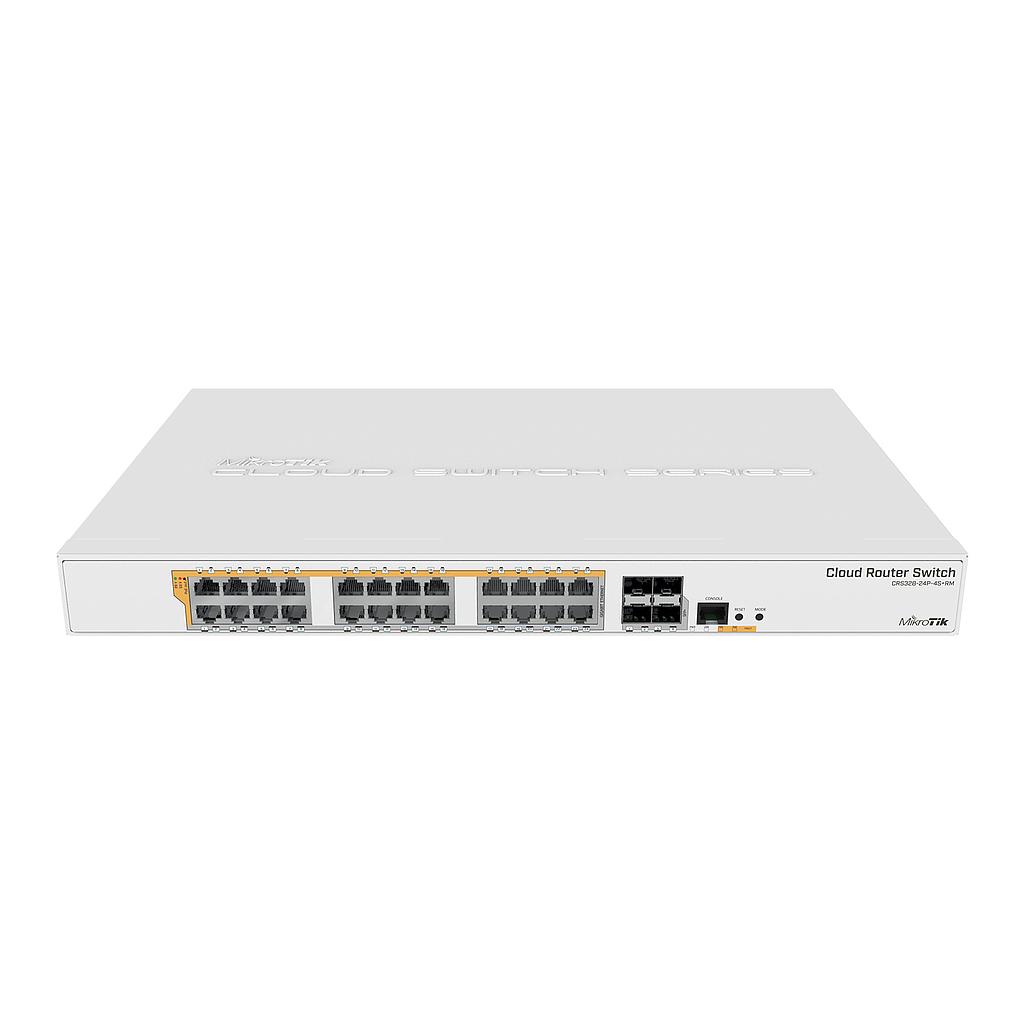 Enrutador/Conmutador Gigabit Ethernet de 24 puertos con cuatro puertos SFP+ de 10 Gbps, en una carcasa de montaje de rack de 1U, arranque doble y salida PoE 500W, marca Mikrotik