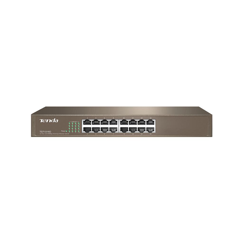 Switch  TEF1016D, 16 Fast Ethernet, montaje en rack y escritorio, marca Tenda.