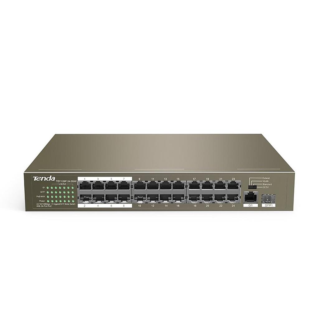 Switch PoE extendido TEF1126P-24-250W, puertos: 24 FE PoE, 2 GE y 1 SFP, 250 watts, montaje en rack, 4 modos de operación, marca Tenda.