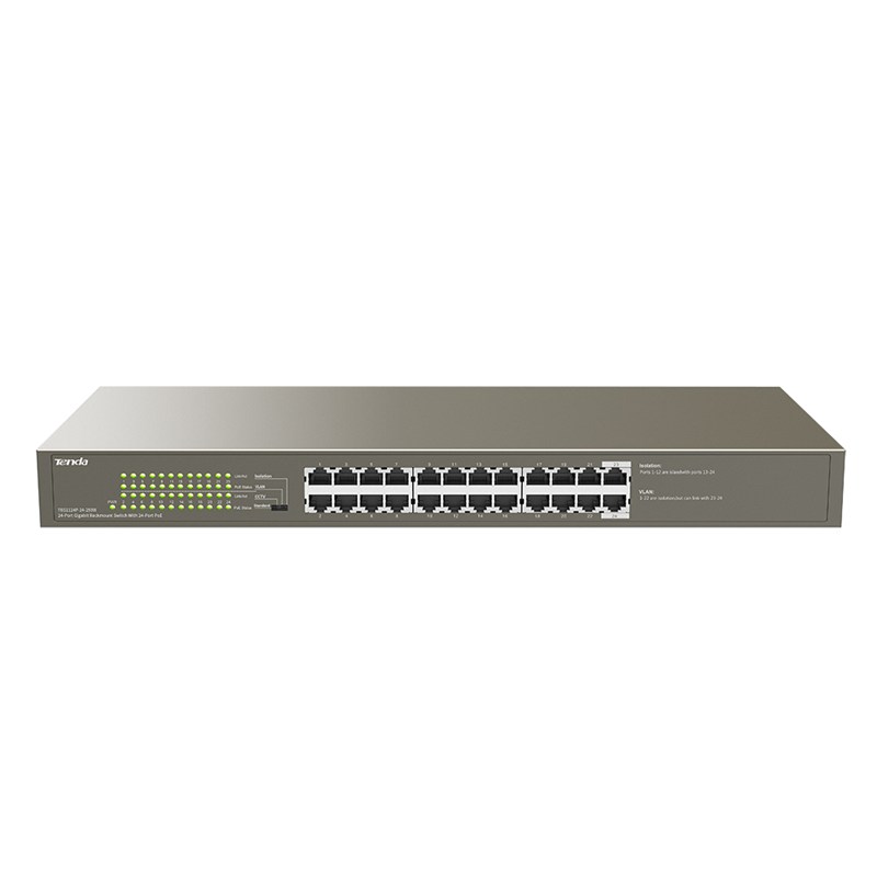 Switch PoE extendido TEG1124P-24-250W, puertos: 24 GE PoE, 250 watts, montaje en rack, 4 modos de operación, marca Tenda.