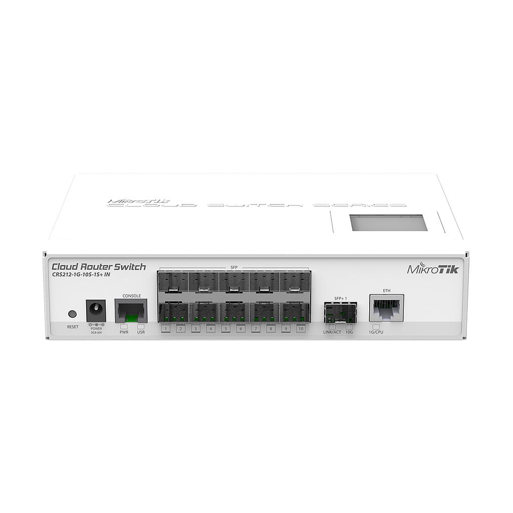 Cloud Router Switch, 1x Gigabit LAN, 10x slot SFP, 1x slot SFP+, LCD, CPU de 400MHz, 64MB RAM, carcasa de escritorio de metal, RouterOS L5, marca Mikrotik