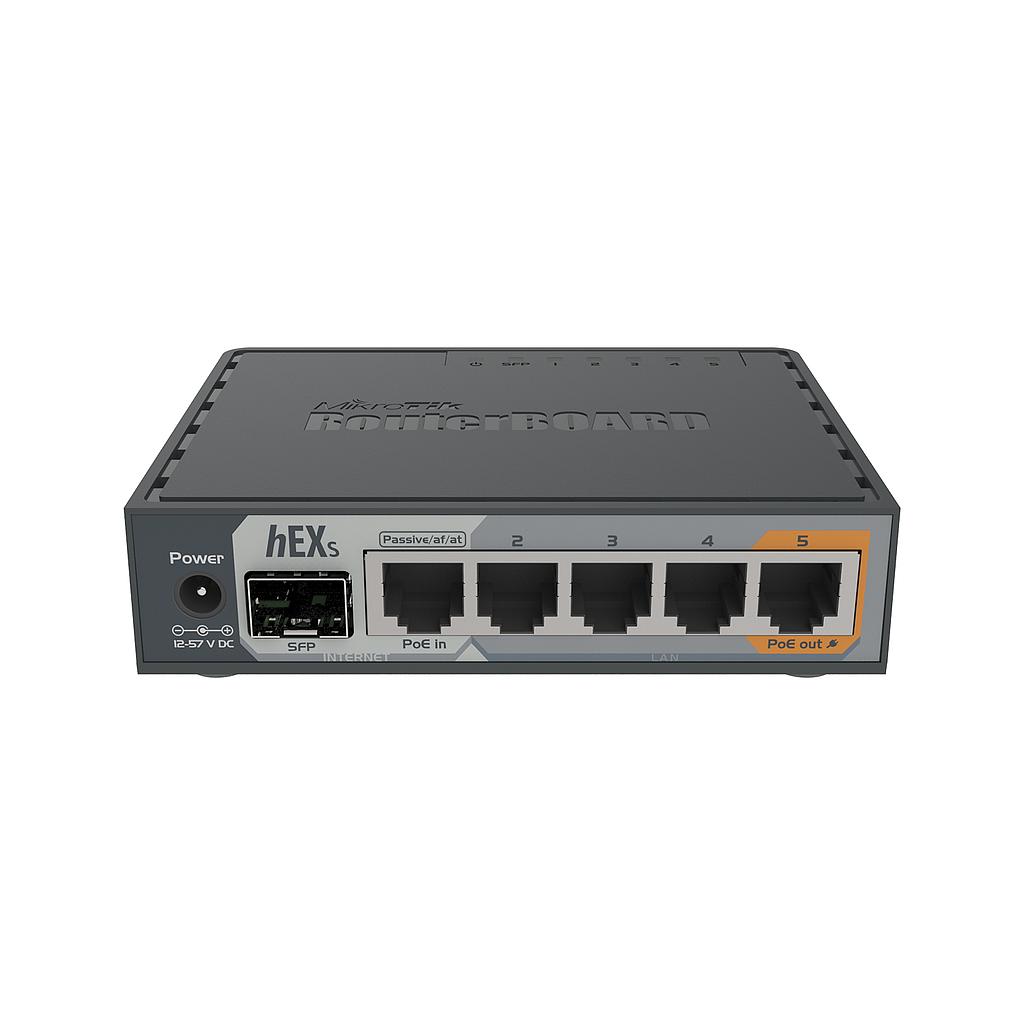 hEX S 5x Gigabit Ethernet, SFP, CPU Dual Core 880MHz, 256MB RAM, USB, microSD, RouterOS L4, soporte de cifrado de hardware IPsec y paquete de servidor The Dude, marca Mikrotik