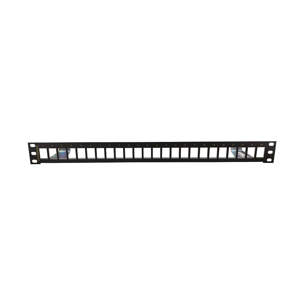 Patch Panel Blindado vacio de 24 puertos, 1RU, plano, color negro, marca Ortronics