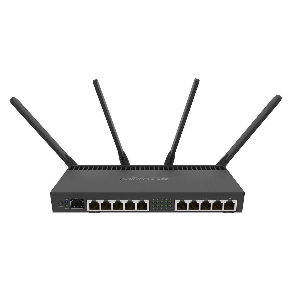 Router RB4011 con 10 puertos Gigabit Ethernet, WiFi dual band 802.11ac, 4 antenas de 3dBi, marca Mikrotik