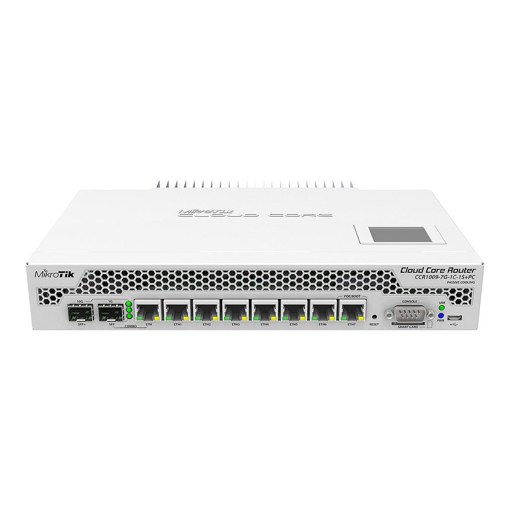 Cloud Core Router, 7x Gigabit Ethernet, 1x puerto combinado (SFP Gold Gigabit Ethernet), Cage 1xSFP +, 9 núcleos por CPU de 1GHz, 2GB RAM, panel LCD, carcasa de escritorio de enfriamiento pasivo, ranura SmartCard, RouterOS L6, PSU, marca Mikrotik