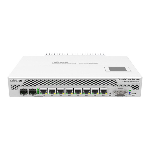 [CCR1009-7G-1C-1S+PC] Cloud Core Router, 7x Gigabit Ethernet, 1x puerto combinado (SFP Gold Gigabit Ethernet), Cage 1xSFP +, 9 núcleos por CPU de 1GHz, 2GB RAM, panel LCD, carcasa de escritorio de enfriamiento pasivo, ranura SmartCard, RouterOS L6, PSU, marca Mikrotik