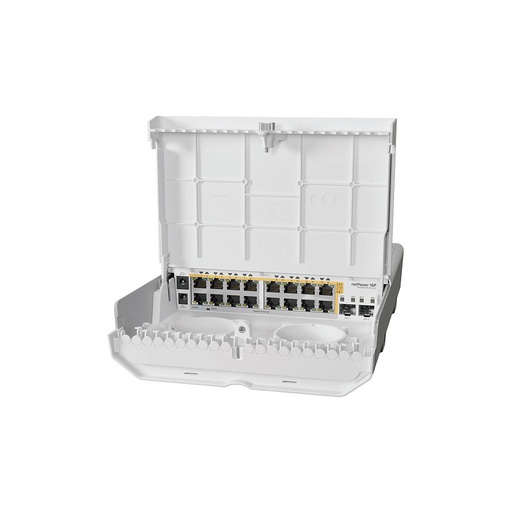 [CRS318-16P-2S+OUT] Switch netPower 16P, 16 puertos ethernet con salida PoE, 2 puertos SFP+. Para uso en exteriores, no incluye fuente de poder, marca Mikrotik 