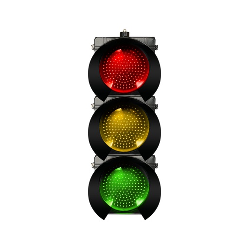 [JD300-3-35-1B] Semáforo led vehicular de 3 colores: rojo, amarillo y verde, lentes de 30 cms., carcasa de policarbonato, visera tipo túnel, marca Fama.