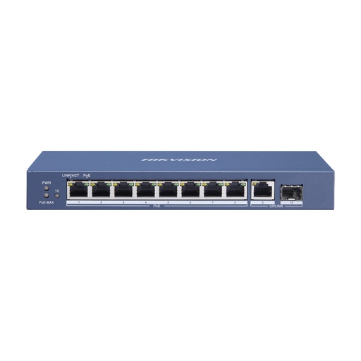 [DS-3E0510P-E/M] Switch PoE+, 8 Puertos Gigabit 802.3 af/at (30W), 1 Puerto Gigabit Uplink, 1 Puertos SFP, Marca Hikvision