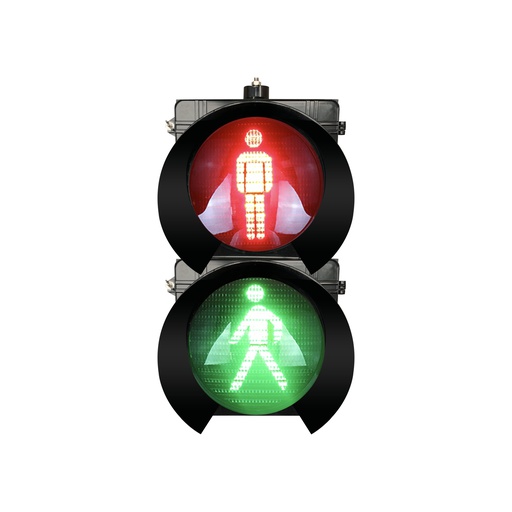 [RX300-3-25-2D] Caja de luz para semaforo, Luz de señalizacion para Peatones color verde y rojo de 300 mm, lente transparente, 85-265 VCA, con carcasa de policarbonato y visera para sol tipo túnel, puerta con cerradura tipo mariposa, marca Fama.