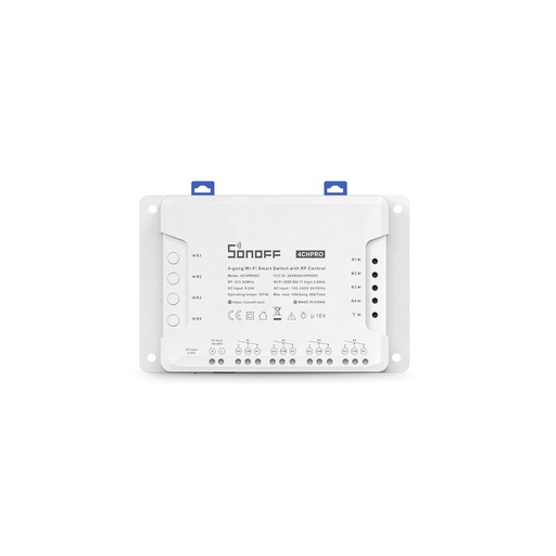 [4CHPROR3] Interruptor inteligente de 4 circuitos 4CHPROR3, entrada 100-240VAC y 9-23 VDC, contactos normalmente cerrados y abiertos, 40A total, Wi-Fi, RF 433MHz, marca Sonoff.