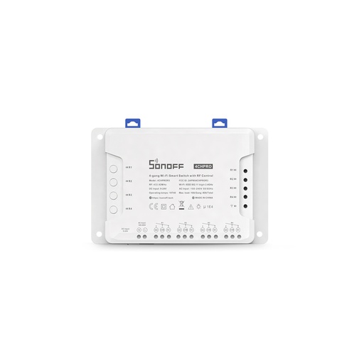 [4CHPROR3] SONOFF 4CHPROR3 - Interruptor inteligente independiente/mutuo, 4 gangs, 100-240V AC 50/60Hz, 40A/8800W/Total, WiFi, RF 433MHz.