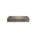 Switch PoE extendido TEF1118P-16-150W, puertos: 16 FE PoE, 2 GE y 1 SFP, 150 watts, montaje en rack, 4 modos de operación, marca Tenda.