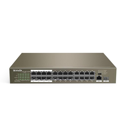 [TEF1126P-24-250W] Switch PoE extendido TEF1126P-24-250W, puertos: 24 FE PoE, 2 GE y 1 SFP, 250 watts, montaje en rack, 4 modos de operación, marca Tenda.