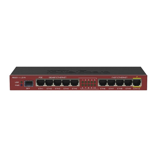 [RB2011ILS-IN] RB2011iLS-IN Carcasa metálica de escritorio, 5xEthernet, 5xGigabit Ethernet, SFP Cage, PoE out en el puerto 10, CPU de 600MHz, 64MB RAM, RouterOS L4, marca Mikrotik