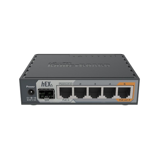 [RB760IGS] hEX S 5x Gigabit Ethernet, SFP, CPU Dual Core 880MHz, 256MB RAM, USB, microSD, RouterOS L4, soporte de cifrado de hardware IPsec y paquete de servidor The Dude, marca Mikrotik